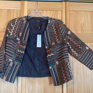 Charles Richards silk lined Aztec print open jacket